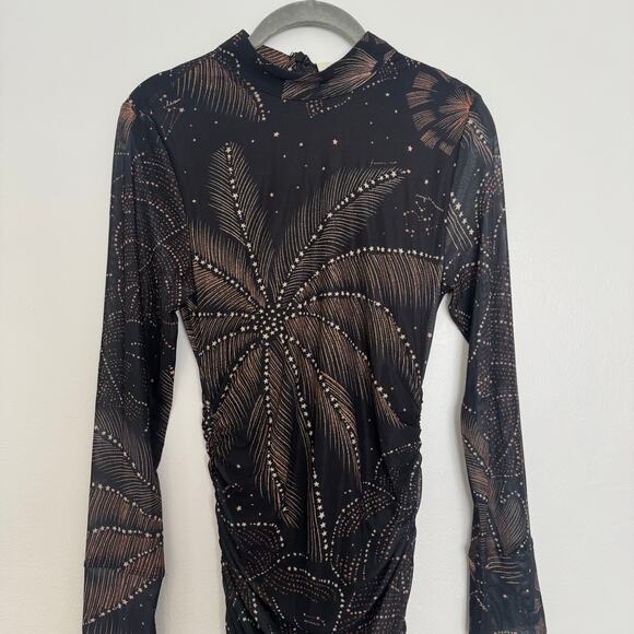 Farm Rio Black Golden Foliage Tulle Midi Dress - Picture 3 of 8